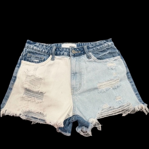 VERVET LA Destroyed Two Tone Denim Shorts Small Raw Hem Grunge Streetwear W 28 - Picture 4 of 9